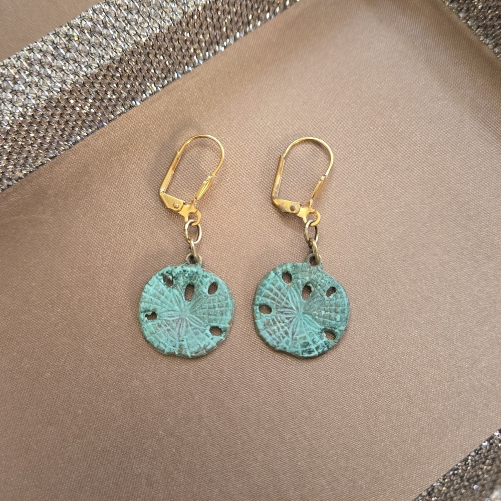 Elaine Coyne Verdigris Patina Brass Sand Dollar Earrings